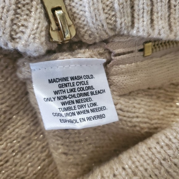 𝅺Style & CO. Large cable knit zipper metallic shimmer gold beige sweater Size L - Picture 4 of 9